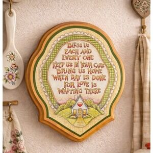 Wall Hanging Plaque "Bless This House" Japan Wood Vintage 1960's Hand 9x10.5"
